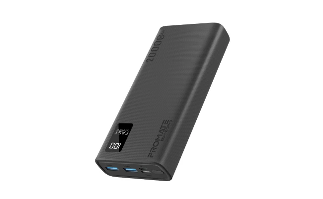 Promate Bolt-20Pro 20000Mah Slim Power Bank with Dual USB Ports, Safe Adaptive Charging